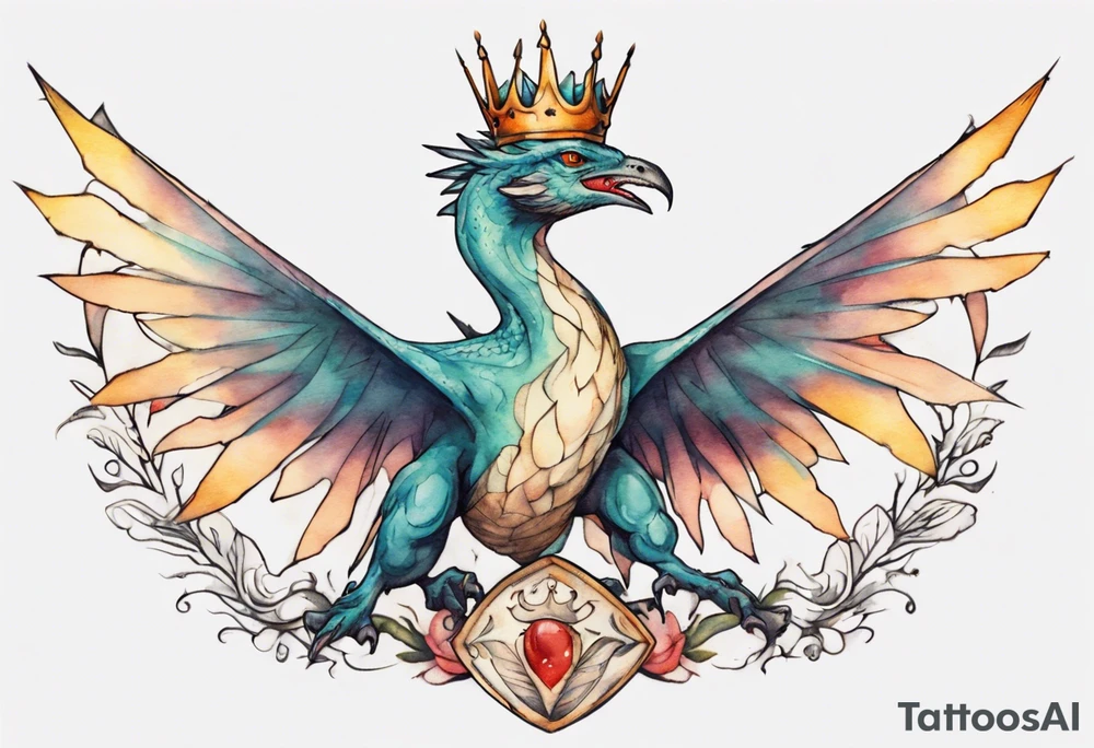 a bird-wyvern hybrid wearing a minimalist crown, flying tattoo idea