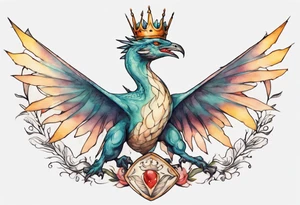 a bird-wyvern hybrid wearing a minimalist crown, flying tattoo idea