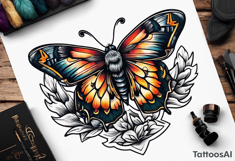 Moth flying near a campfire tattoo idea