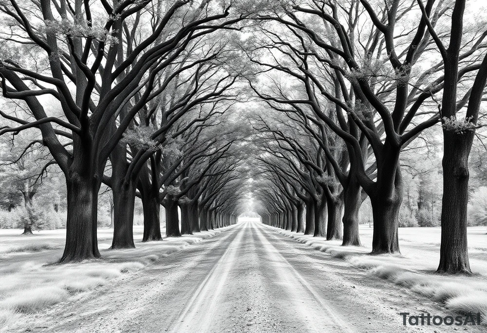 Tree-lined dirt road. Road is rough, little shoulder. Deciduous trees arch across it, meeting in the middle. 

Road should be rougher, more rural. Branches start lower. The trees in the foreground should be bigger — perspective has road getting smaller. tattoo idea