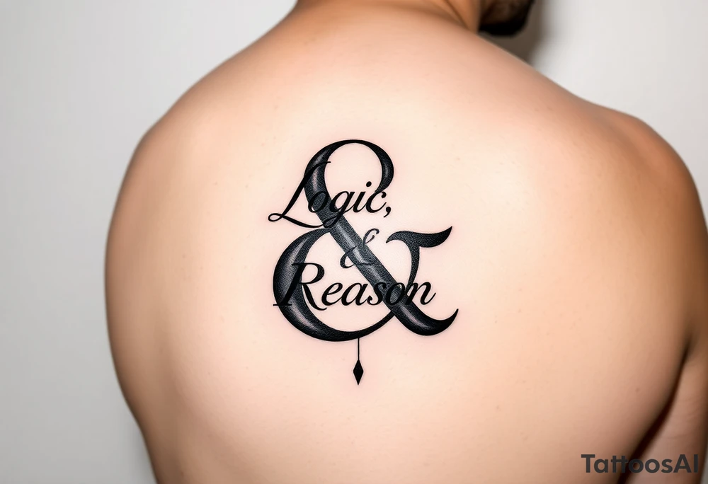 A blackwork tattoo featuring a highly stylized ampersand (&) as the focal point. The words 'Logic' and 'Reason' are subtly integrated within the curves of the ampersand, using a modern serif font. The design is minimalist but bold, with clean lines and high contrast. Legibility of the words is key, and the ampersand should feel artistic and symbolic—representing balance, intellect, and clarity. Suitable for a forearm or upper arm tattoo. tattoo idea