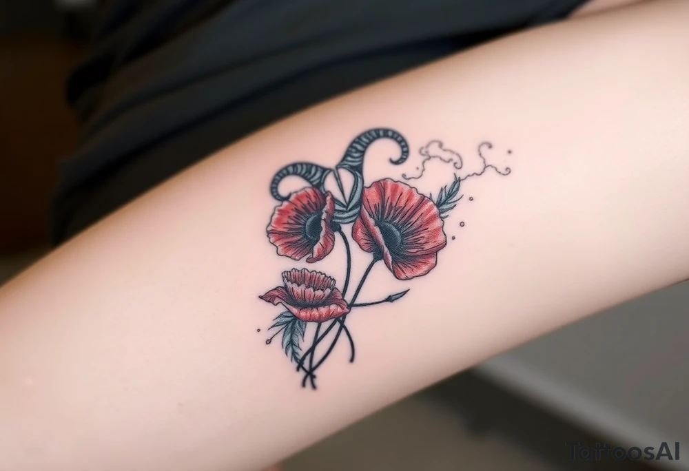 Big army inspired , Aries, 2 red poppy’s, and smoke tattoo idea