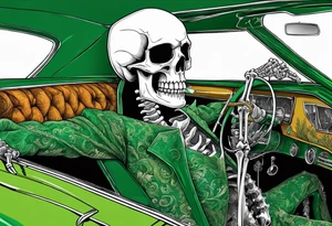 Skeleton smoking a cigarette driving a green 1976 convertible Corvette tattoo idea