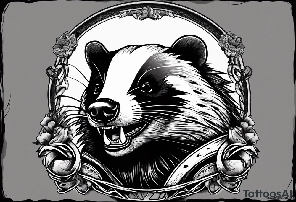 Draw me psychopath badger with aggressive full body, killer face with a smile, very long nails and he attacks like a Bloody Gladiator to enemy and also, he has very deadly looking. He fights with his nails. Everybody scares after their first sight. Give me horror type full body Badger Tattoo. tattoo idea