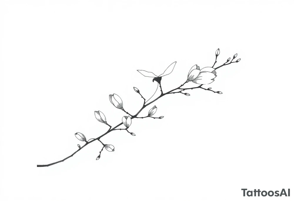 Magnolia branch long with different small almost closed flowers, with botanical details and dots tattoo idea