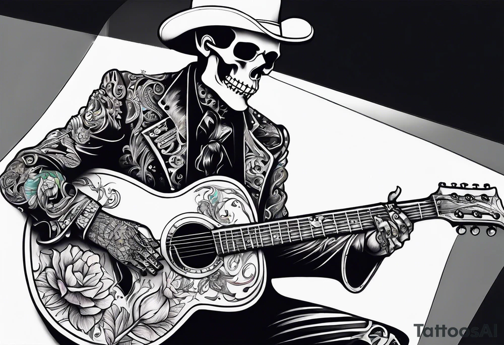 Skeleton playing guitar tattoo idea