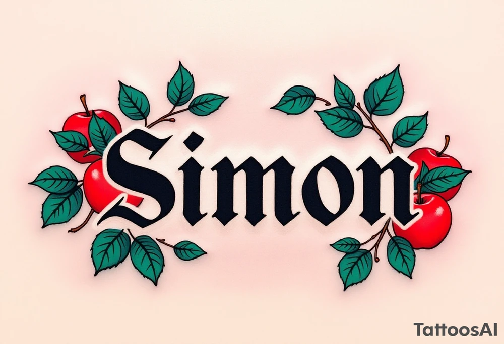 Simon in a bold, classic font, framed by vibrant red apples and green leaves. tattoo idea