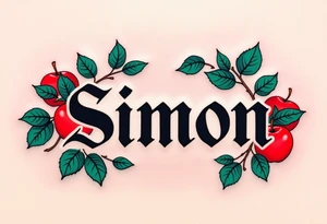 Simon in a bold, classic font, framed by vibrant red apples and green leaves. tattoo idea