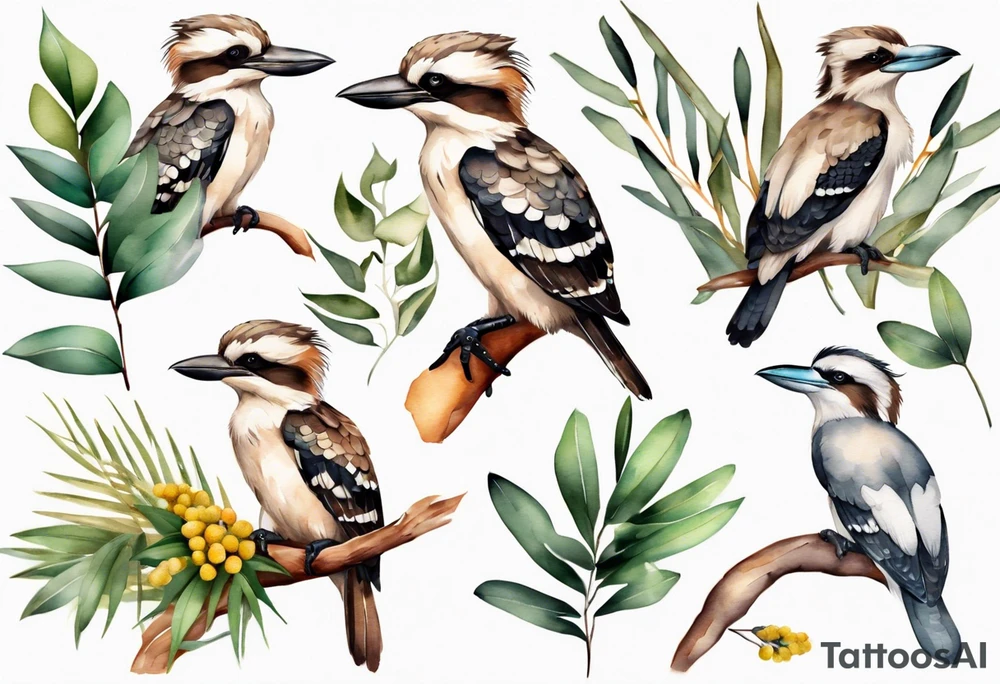 Small kookaburra sitting on eucalyptus leaves and wattle leaves tattoo idea