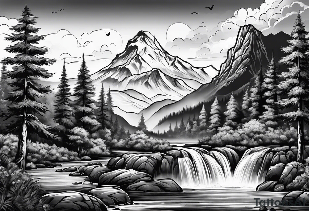 nature landscape with a waterfall and mountains tattoo idea