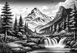 nature landscape with a waterfall and mountains tattoo idea