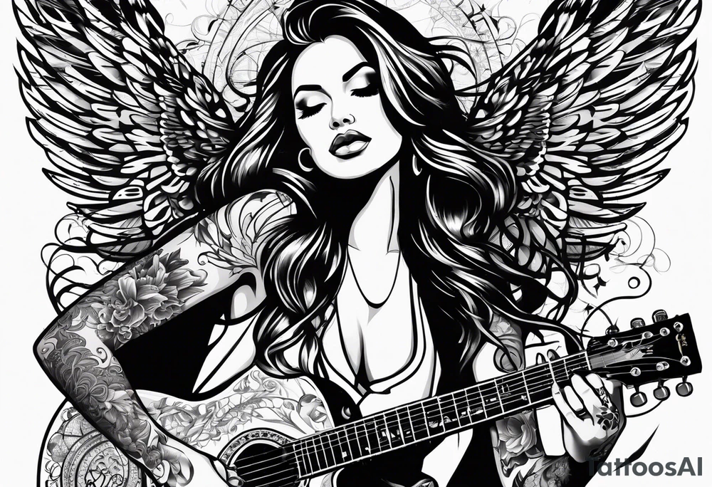 Microphone and musical notes and guitar and wings and female tattoo idea