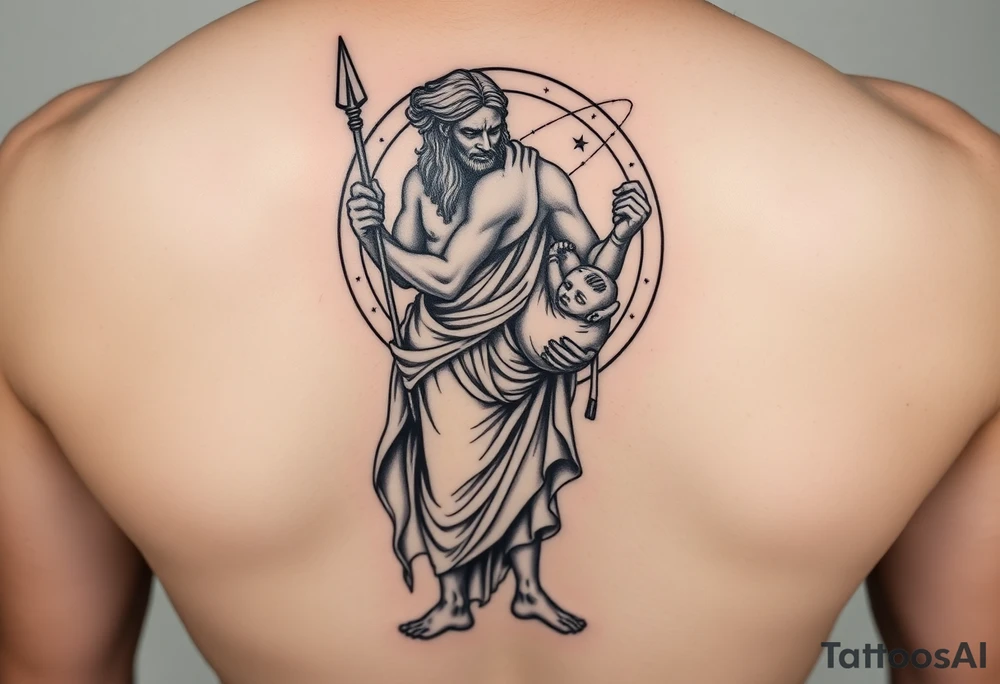 a tattoo design of the Greek God Saturn but older and nearly dying holding his spear looking down using the spear to keep himself upright, in his other arms cradling a twin dying younger version of himself. The gemini constellation is in the background behind the Saturn Gods. Long vertical form as this will be on a thigh - include the planet Saturn rings going round the design tattoo idea