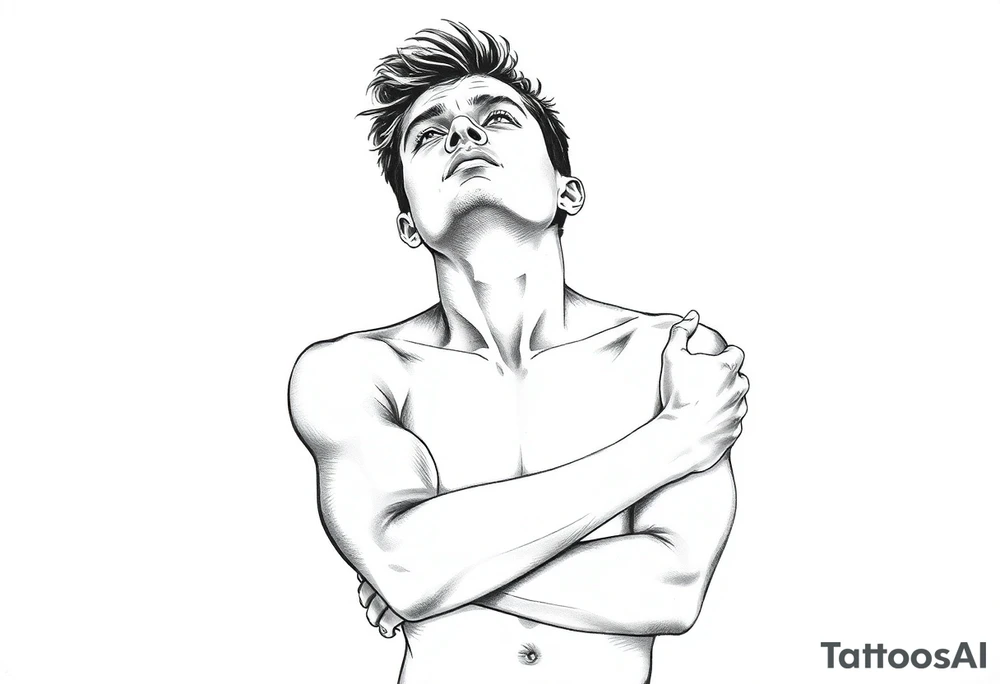 a naked man coveing his eyes and mouth and looking up the sky tattoo idea