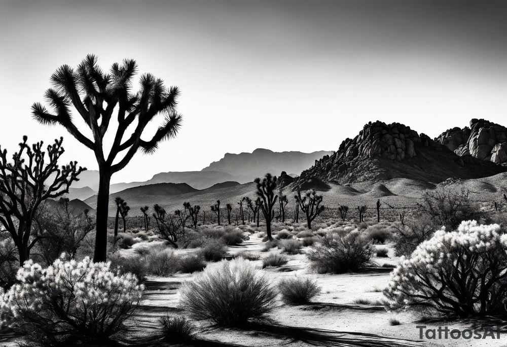Single Joshua tree and bushes tattoo idea