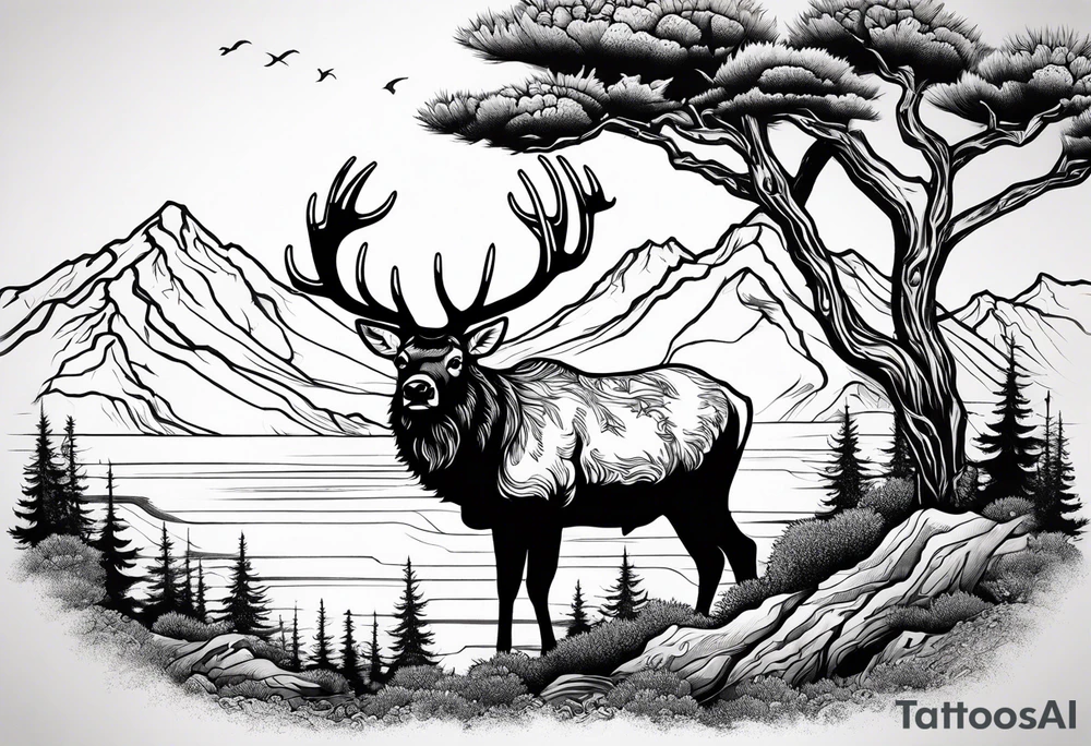 Elk water mountains rifle hunting trees birds deer bear tattoo idea