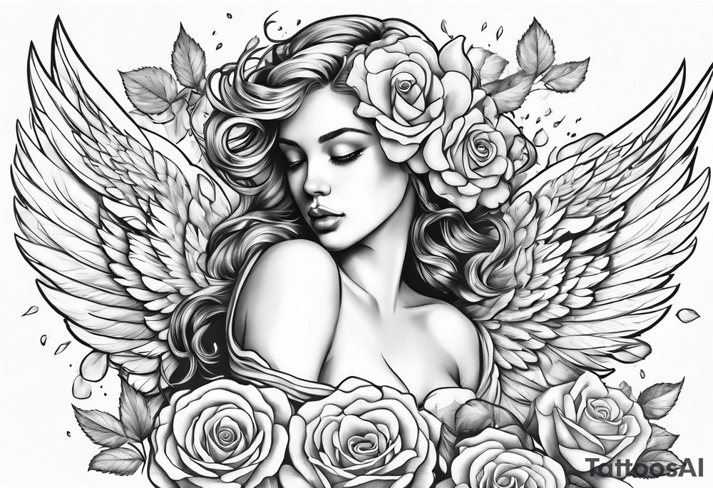 rose wit petals falling onto angel constantly sweeping the petals tattoo idea