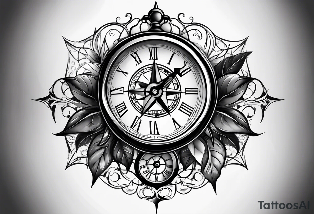 draw me a tattoo with an old clock and a compass rose. shadows of roman numerals are in the background. it is a tattoo located on the left shoulder of a man. it is black and white. tattoo idea