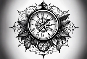 draw me a tattoo with an old clock and a compass rose. shadows of roman numerals are in the background. it is a tattoo located on the left shoulder of a man. it is black and white. tattoo idea