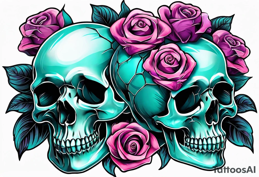 roses, skulls, teal, pink, purple tattoo idea