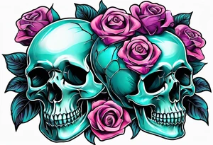 roses, skulls, teal, pink, purple tattoo idea