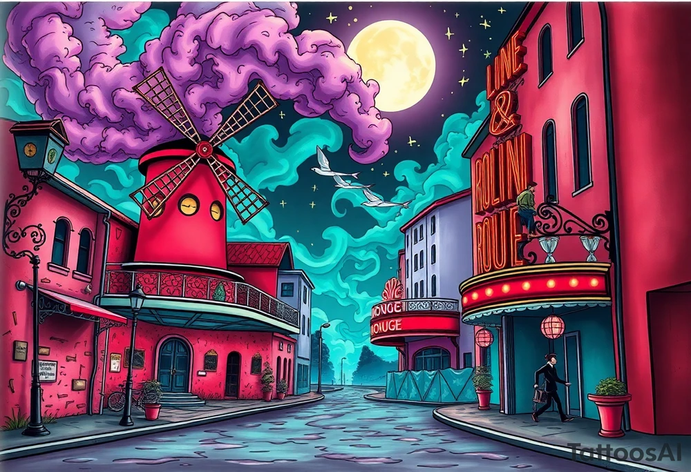 Tim Burton’s moulin Rouge from outside view is the street abandoned and dripping with muted reds, dusty pinks, and eerie green glow purple and cyan smokey clouds swirl and dance in the moonlit night sky filled with twinkling stars  tattoo idea tattoo idea