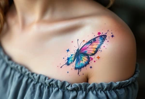 A multicolored butterfly breaking free from a jar symbolizes transformation and personal liberation. tattoo idea
