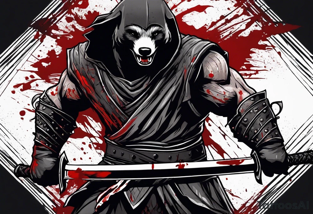 Draw me psychopath Honey Badger/Berserker/Assassin with aggressive full body, killer face with a scary smile, very long nails and he attacks like a Bloody Assassin/Warrior/Gladiator to us and also, he has very deadly looking. He fights with his nails only. Everybody scares after their first sight. Give me horror type Badger Tattoo. I want to see his Realistic full body with no weapons. You can show destruction at the back. tattoo idea