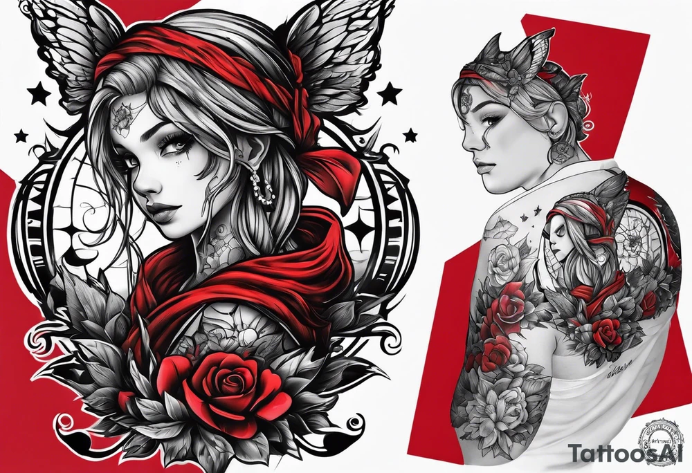 black and red childhood trauma half sleeve tattoo idea