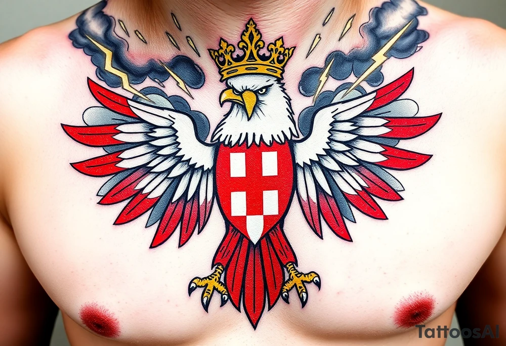 A red and white The Moravian eagle  with golden crown on its head surrounded by a storm, with dark clouds and lightning bolts tattoo idea