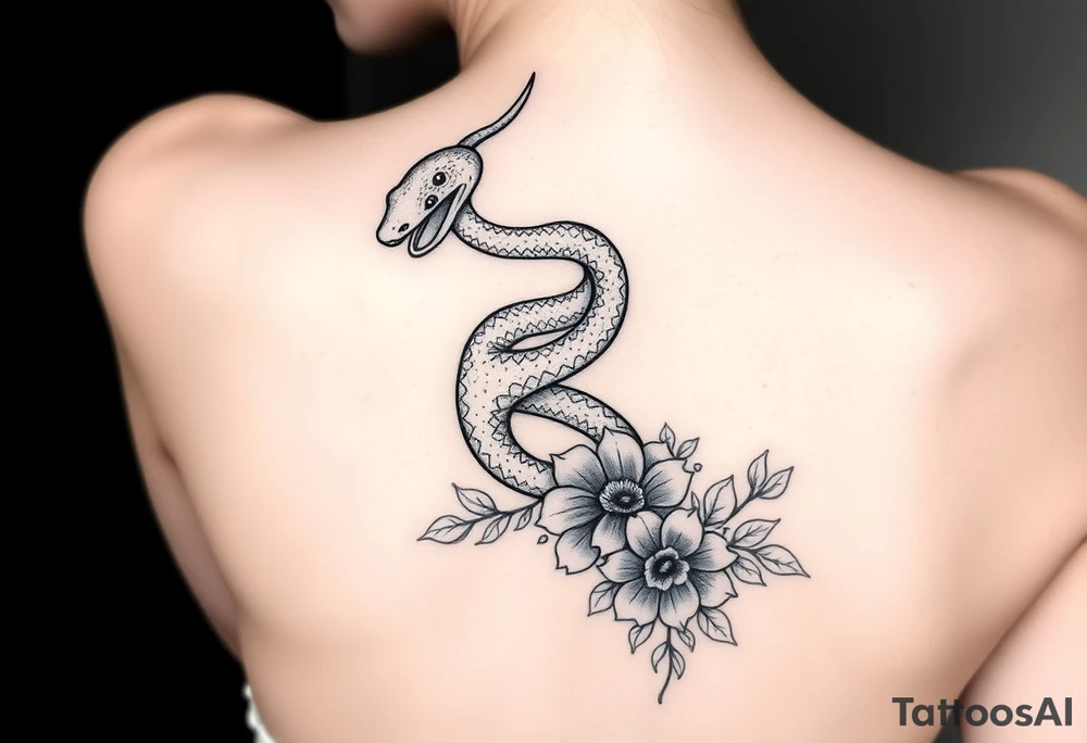 Snake wrapping around the spine with florals tattoo idea