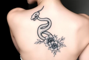 Snake wrapping around the spine with florals tattoo idea