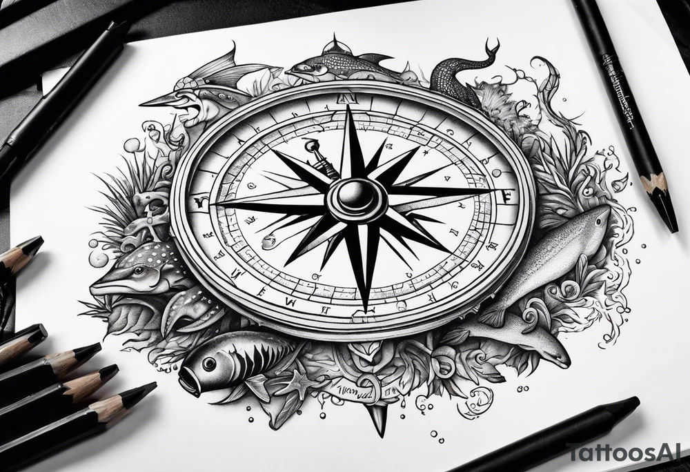 Pirate themed compass surrounded by marine animals tattoo idea