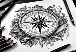Pirate themed compass surrounded by marine animals tattoo idea