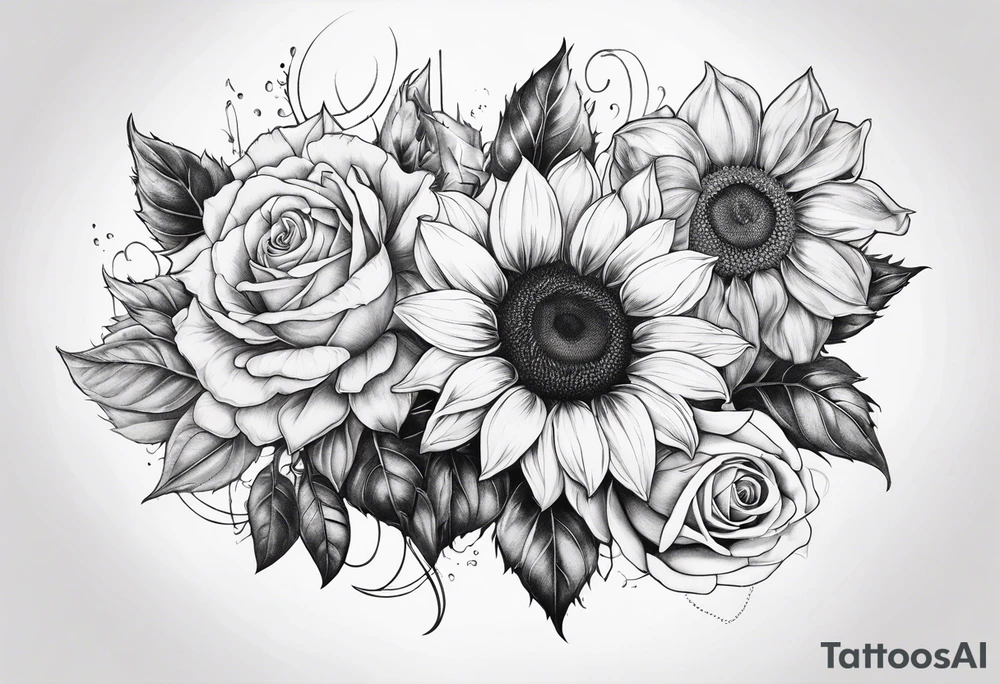 Sunflower, rose flower tattoo idea