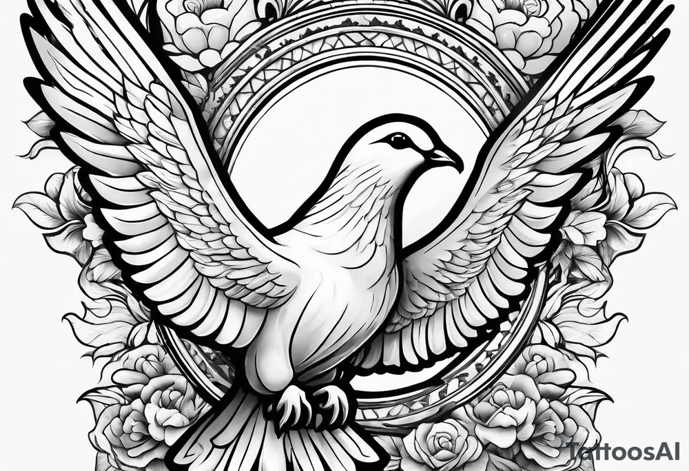 religious leg sleeve with nature, doves, clouds tattoo idea