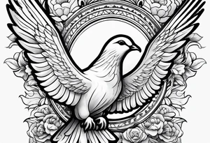 religious leg sleeve with nature, doves, clouds tattoo idea