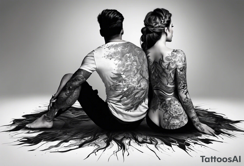 2 Black shadows of people standing over 2 wounded black shadows of people tattoo idea