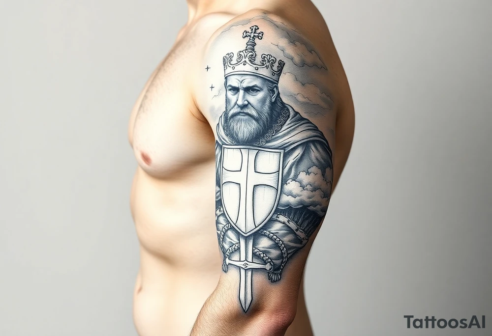 Half sleeve. King Alfred the great, sword, clouds, shield, cross tattoo idea
