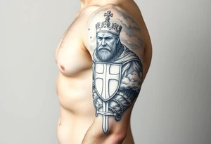 Half sleeve. King Alfred the great, sword, clouds, shield, cross tattoo idea