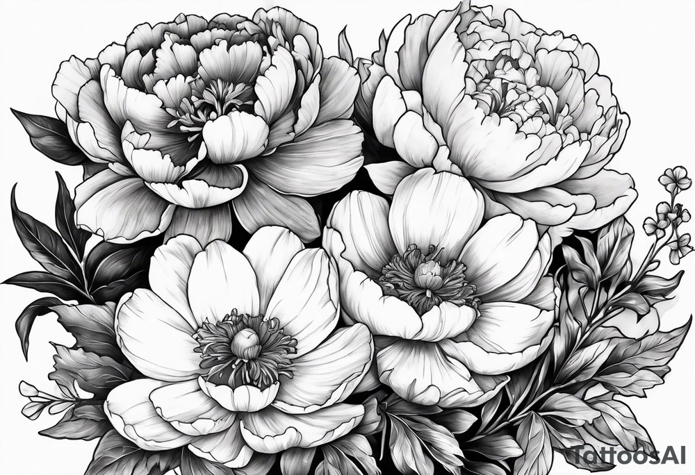 marigold, peony, and narcissus lined up side by side tattoo idea marigold, peony, and narcissus lined up side by side tattoo idea