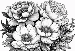 marigold, peony, and narcissus lined up side by side tattoo idea