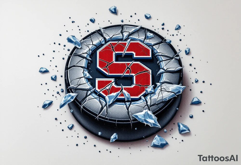 HC Sparta’s red “S” embedded in a cracked hockey puck with frost-blue shards flying outward. tattoo idea