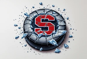 HC Sparta’s red “S” embedded in a cracked hockey puck with frost-blue shards flying outward. tattoo idea