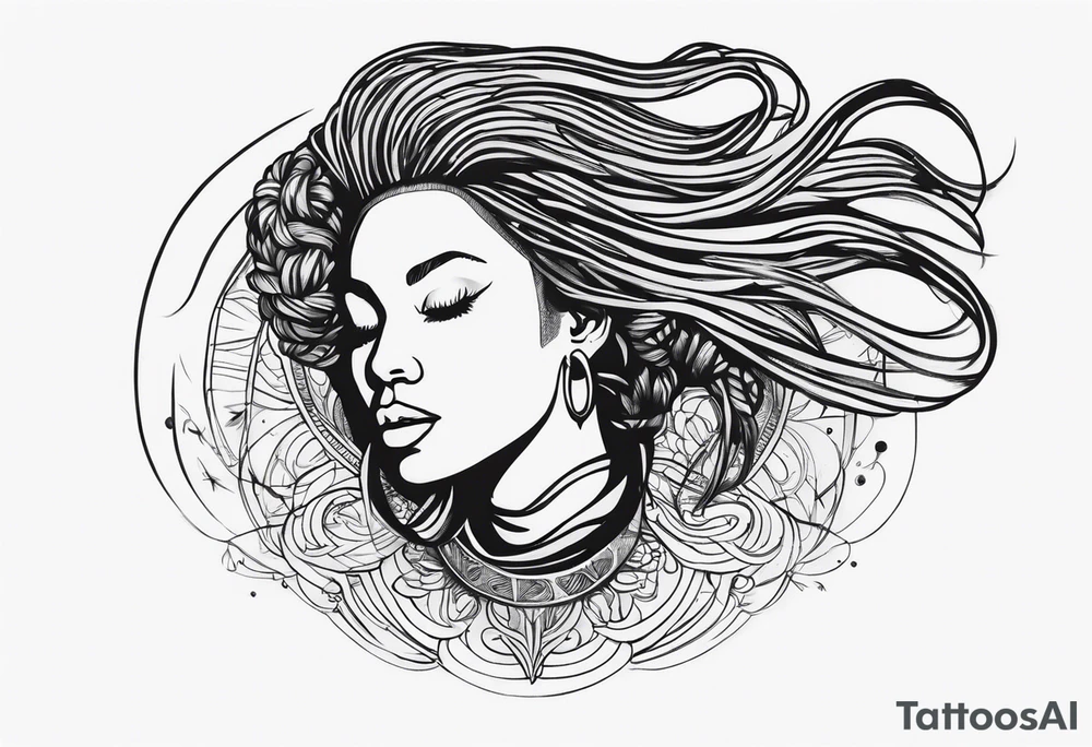 Draw a women head with dread locks flying in the air tattoo idea