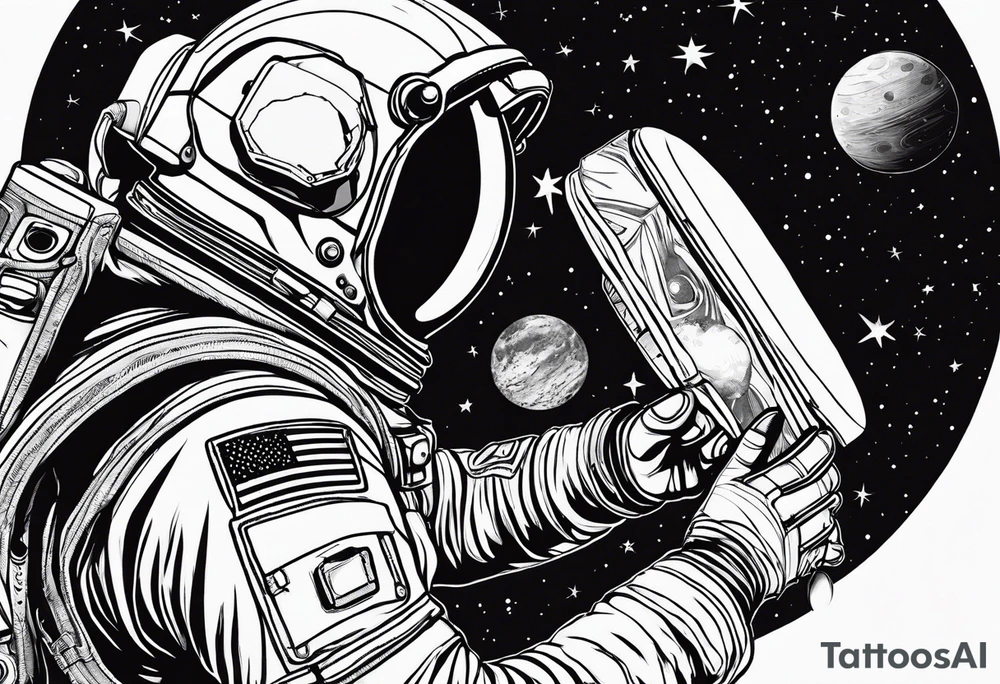 an astronaut hunched over in space from the back holding a planet in his hands tattoo idea