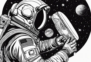an astronaut hunched over in space from the back holding a planet in his hands tattoo idea