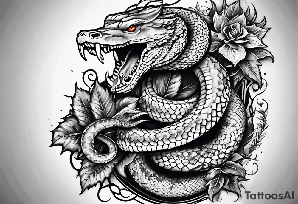 sleeve tattoo with a hydra snake, gun, weed symbol tattoo idea