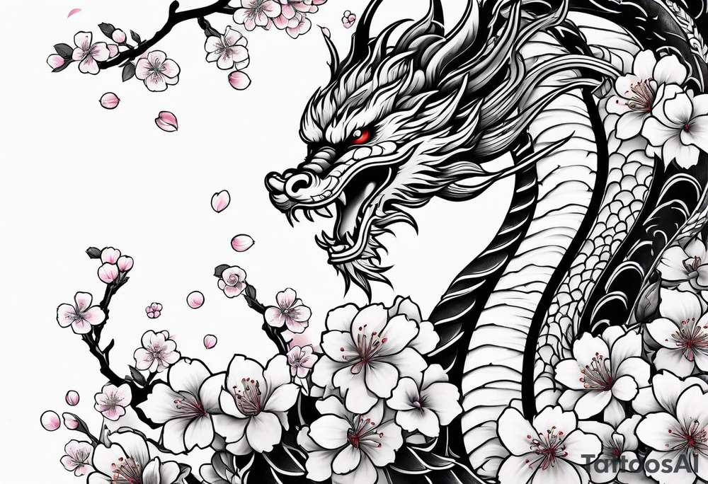 Japanese dragon cherry blossoms tattoo idea