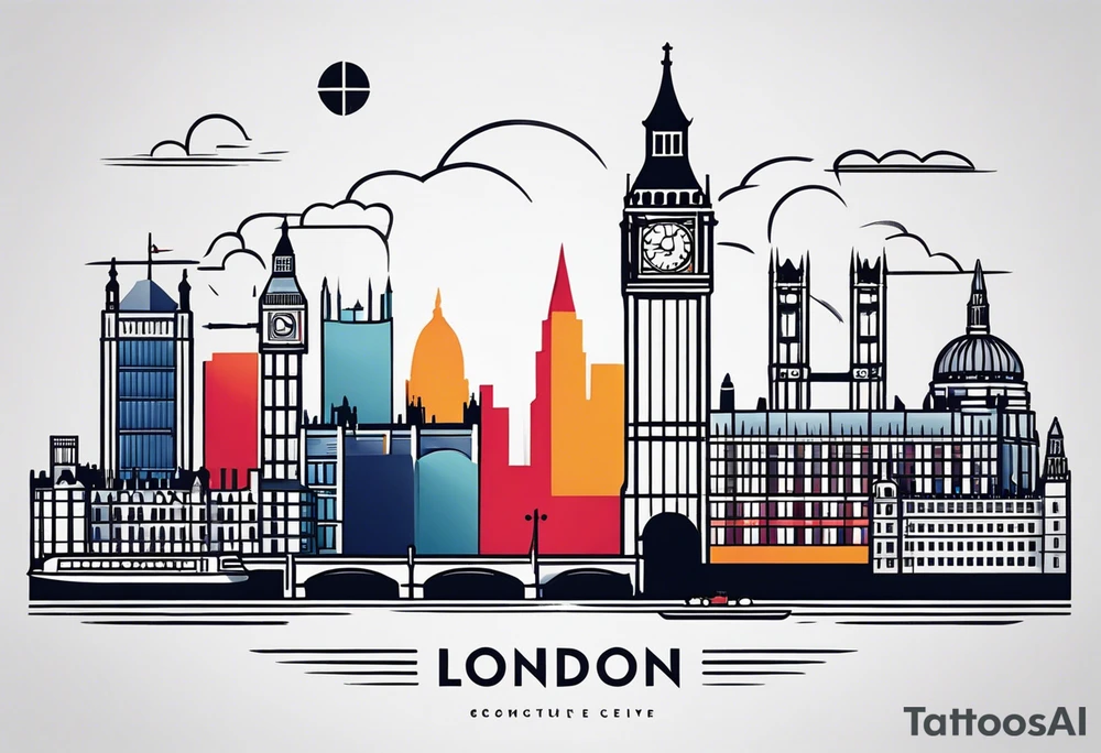 A minimalistic, abstract design capturing the architectural essence and vibe of London. Key elements of London’s skyline and structure are hinted at with clean lines, and subtle detailing includes personal touches, like a nod to Feid’s signature look (hat, glasses, mustache), integrated discreetly to honor a memorable concert experience. The tattoo combines the city’s character with personal symbolism. tattoo idea